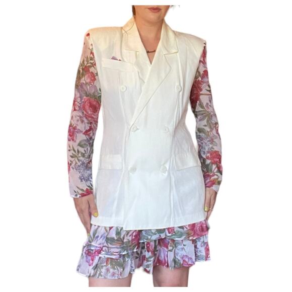 Vintage 70s cream and pink floral skirt and blazer suit set M - Picture 1 of 12